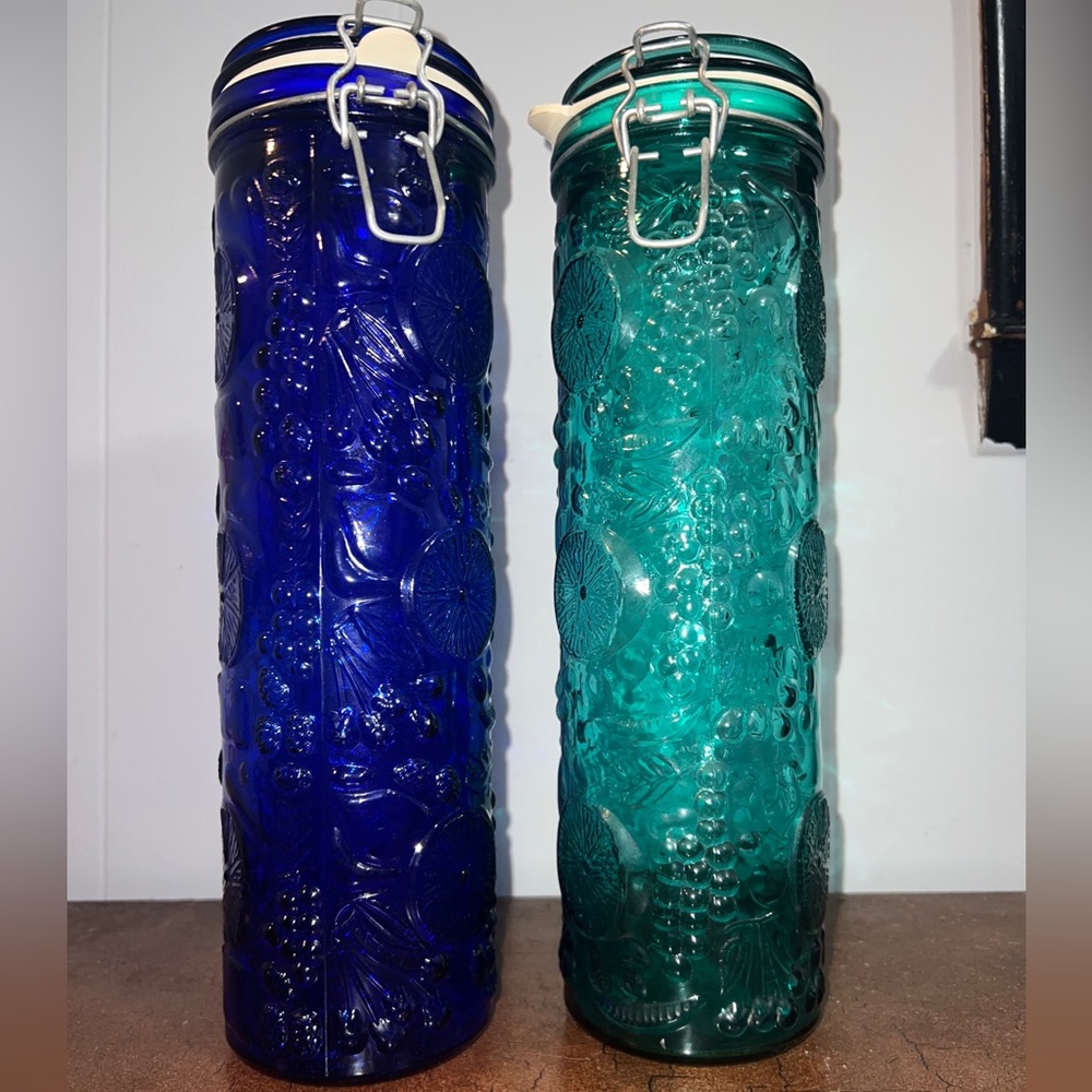Vintage Cobalt Blue/Teal Glass Canister 2 Piece Set - Wire Bale - Fruit Theme